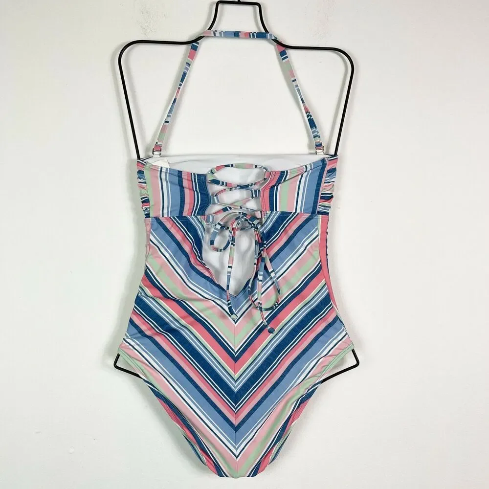 Splendid NWT Blue Pink Striped Holding Pattern Bandeau One-Piece Swimsuit Size M - Picture 4 of 9